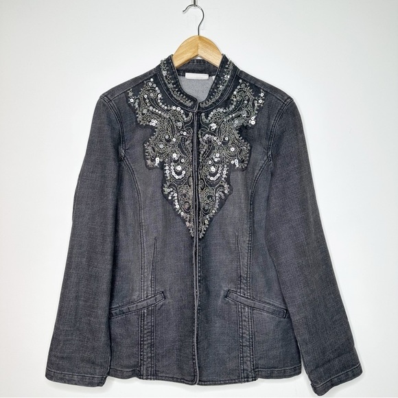 Chico’s Black Embellished Denim Jacket Size Large - Picture 1 of 11